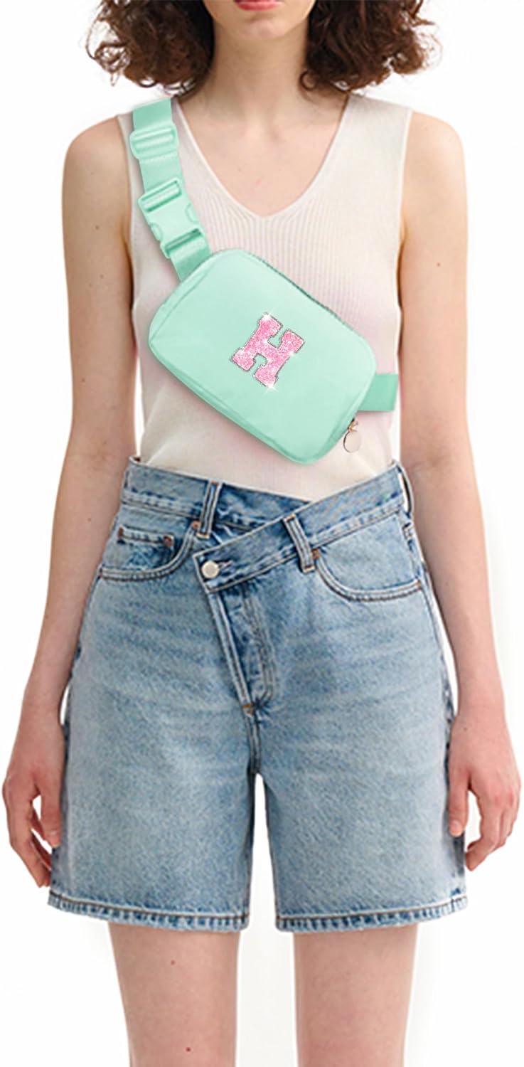 Fanny Pack Belt Bag Crossbody Bags with Initials Letter Patch Trendy Stuff for Teens Cute Stuff Birthday Gifts for Teenager Girls | Light Green,Initial H