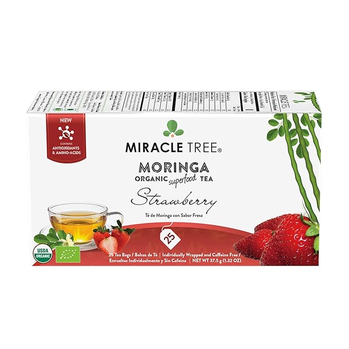 Miracle Tree - 3 Count of Organic Moringa Superfood Tea, 25 Individually Sealed Tea Bags, Strawberry (Keto, Detox, Energy/Immunity Booster, Vegan, Gluten-Free, Organic, Non-GMO, Caffeine-Free)