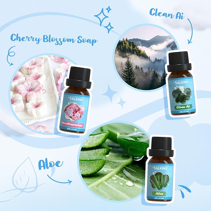 SALKING Clean Fragrance Oils, Premium Essential Oil for Diffuser, Scented Oil Gift Set for Soap Candle Making - Lemongrass, Fresh Cotton, Fresh Linen, Cherry Blossom Soap, Clean Air, Aloe