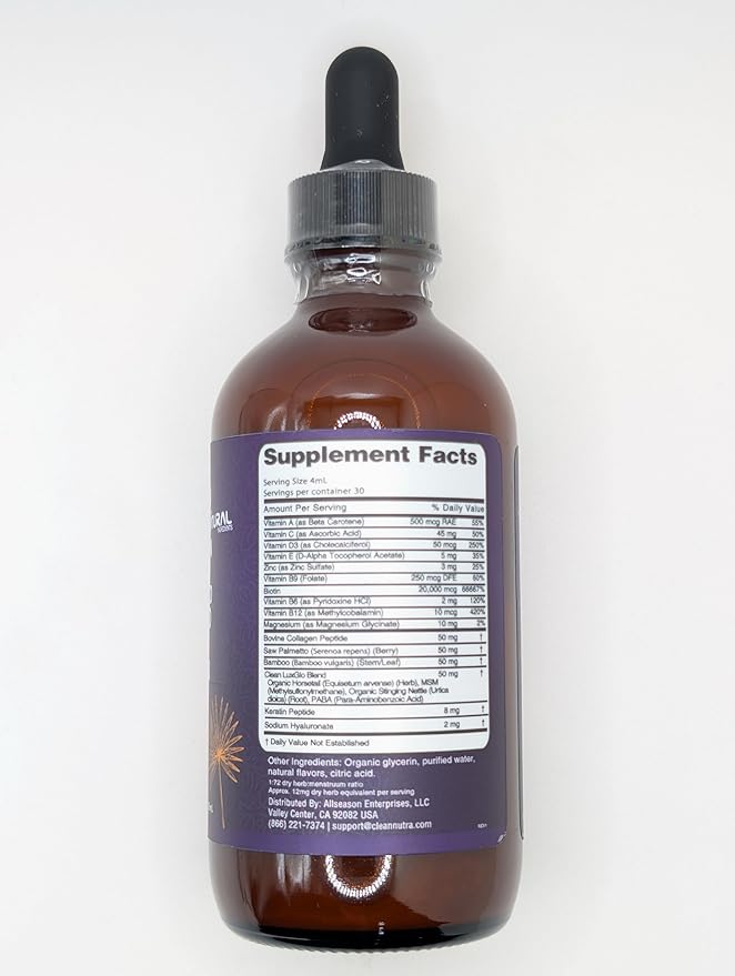 Biotin Liquid Drops Collagen Keratin Hyaluronic Acid Saw Palmetto for Hair Skin and Nails Silica Vitamin A C Vitamin D Bamboo Turmeric Zinc Folate Magnesium Horsetail LuxGlo by Clean Nutra - 5Pack