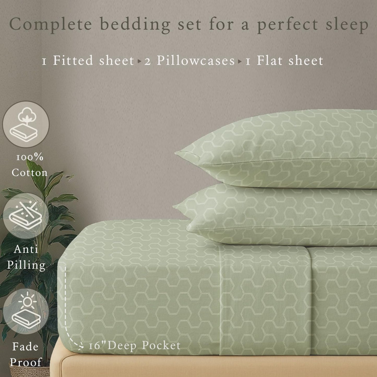 Threadmill 500 Thread Count Queen Size 4 Pc Luxury Cotton Bedding Set, Jacquard Floria Sage Green, Silky Smooth Sheets with 16" Elasticized Deep Pocket, 2 Pillowcases & Free Tote Bag