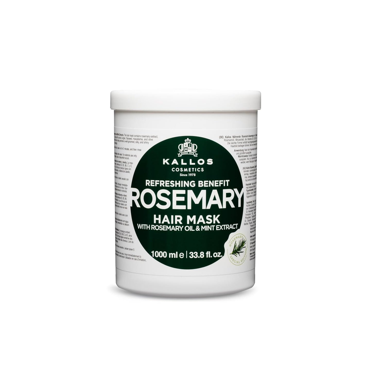 Kallos KJMN Rosemary Hair Mask with Rosemary, Mint & Natural Oils 1000 ml – 33.81 Fl Oz