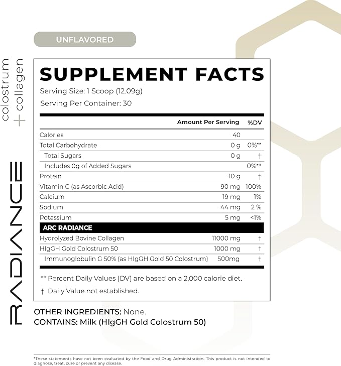 Radiance, Grass-Fed Collagen Peptide & Colostrum Powder, Supports Gut Health, Digestion, Immune Function, Healthy Joints, Bones, Skin, Hair & Nails, Keto, Gluten & Fat-Free, Unflavored, 30 Servings