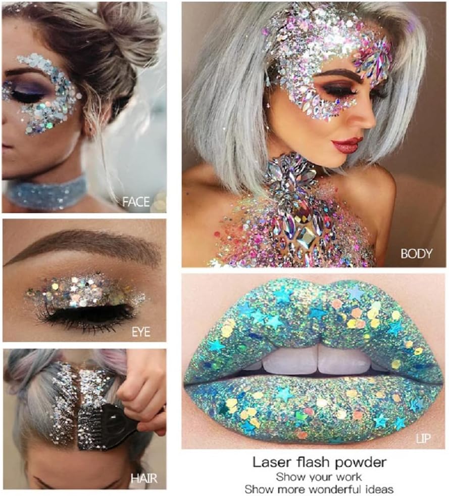 Mermaid Sequins Body Glitter Gel, Make Up Long Lasting Glitter for Body Face Hair Eyeshadow, Music Festival Party Carnival Long Lasting Face Glitter, No Glue Needed and Easy to Remove. (Green)
