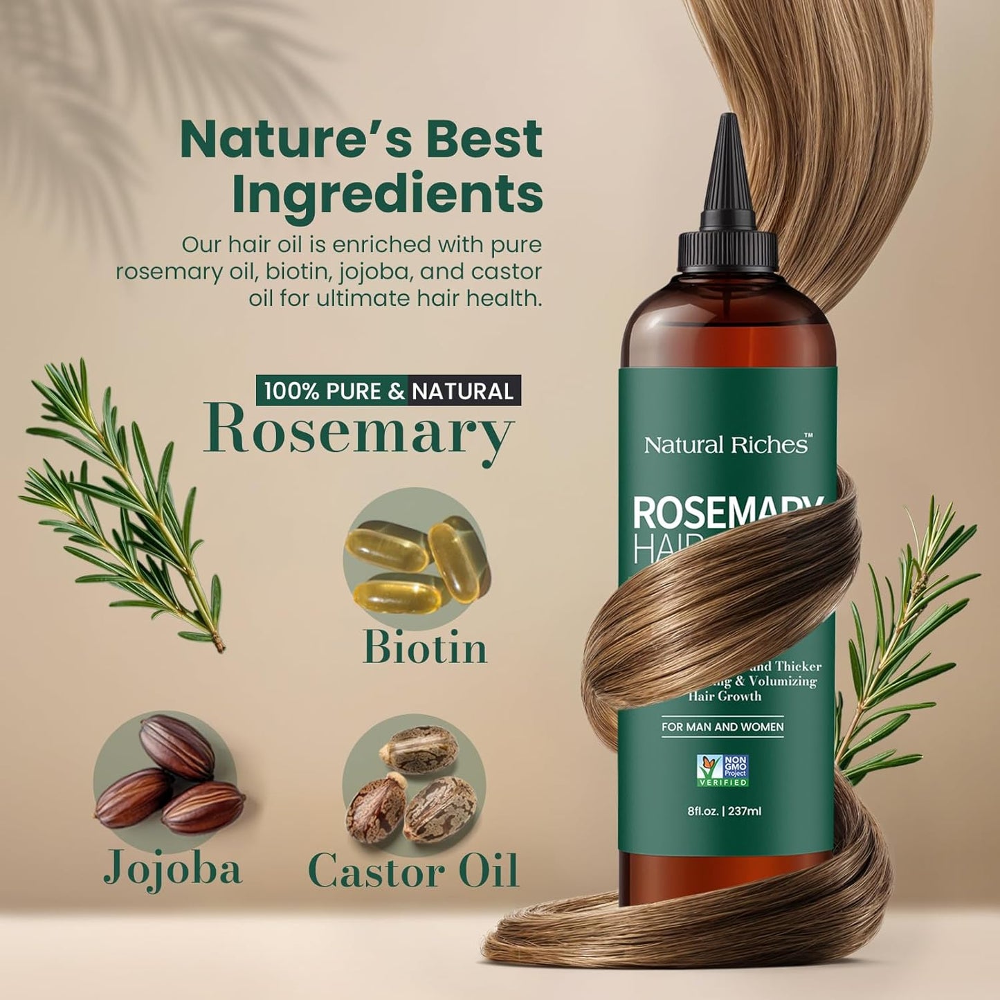 Natural Riches 100% Pure Premium Rosemary Oil For Hair Growth Infused With Biotin & Vitamin E Jojoba & Castor Oil Hair Strengthening Treatment | Nourishing & Volumizing | Non GMO Verified 8 Fl oz.