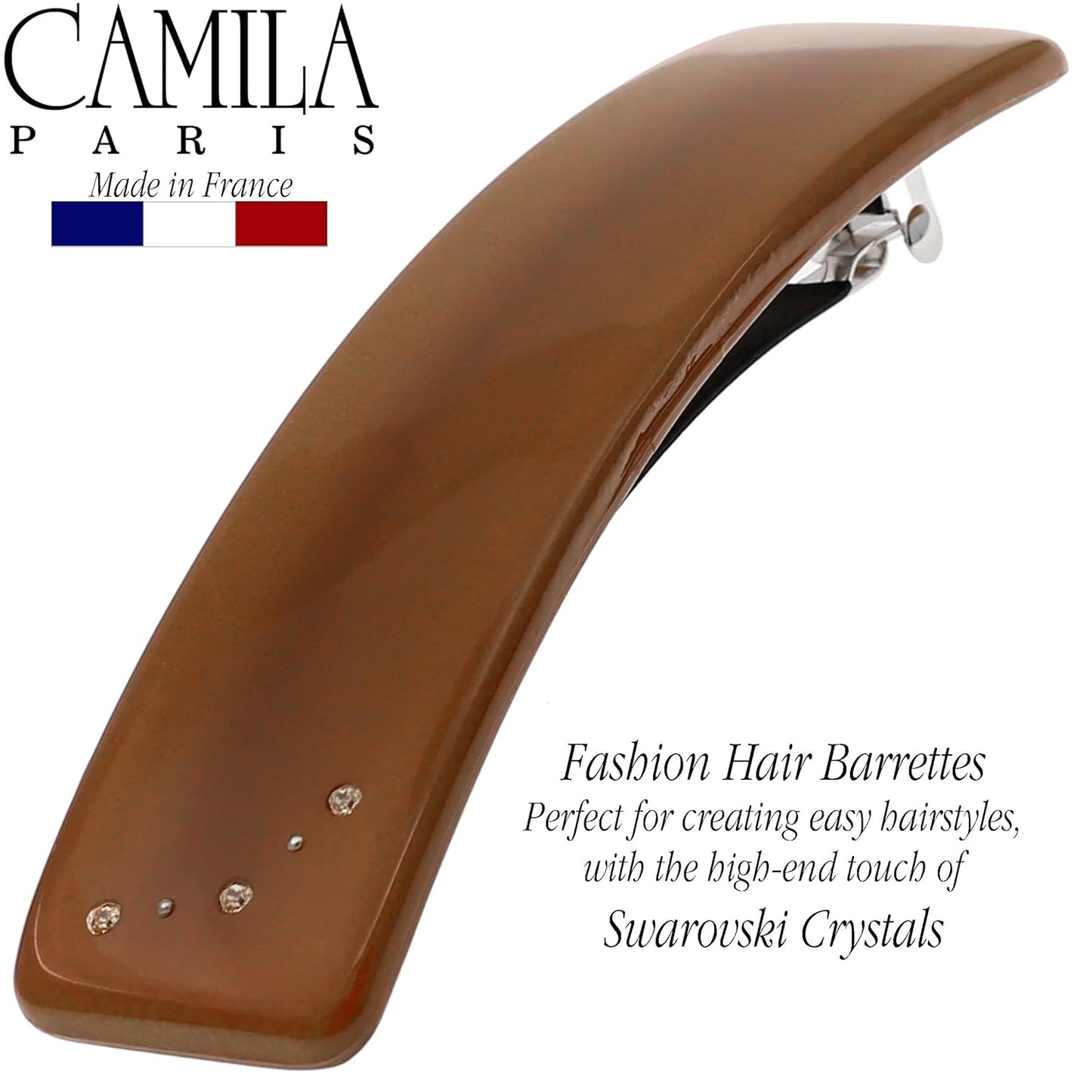 Camila Paris CP3443 French Hair Barrette Clip for Girls, Caramel, Rubberized Automatic Clasp Strong Hold Grip Hair Clips for Women, No Slip and Durable Styling Girls Hair Accessories, Made in France