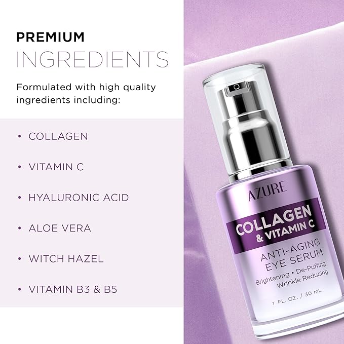 Azure Cosmetics Collagen & Vitamin C Anti Aging Eye Serum - Toning, De-Puffing Serum - Reduces Wrinkles, Fine Lines & Dark Circles - Minimizes Fatigue - Skin Care Made in Korea - 30mL / 1 fl.oz.
