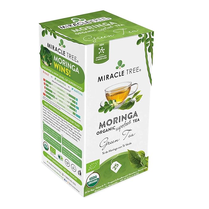 Miracle Tree - 3 Count of Organic Moringa Superfood Tea, 25 Individually Sealed Tea Bags, Green Tea (Keto, Detox, Energy/Immunity Booster, Vegan, Gluten-Free, Organic, Non-GMO, Decaffeinated)