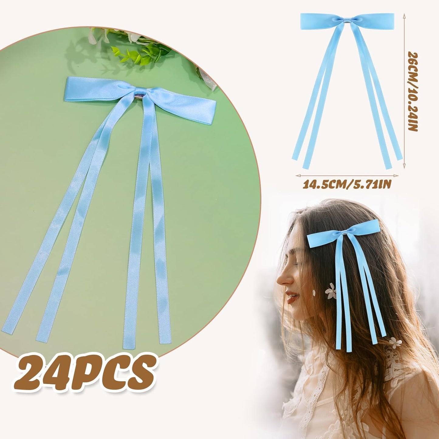 24 PCS Hair Bows Clips Ribbon,Mini Satin Hair Bows With Long Tail for Women and Girls Hairstyle Accessory Gift (Blue)