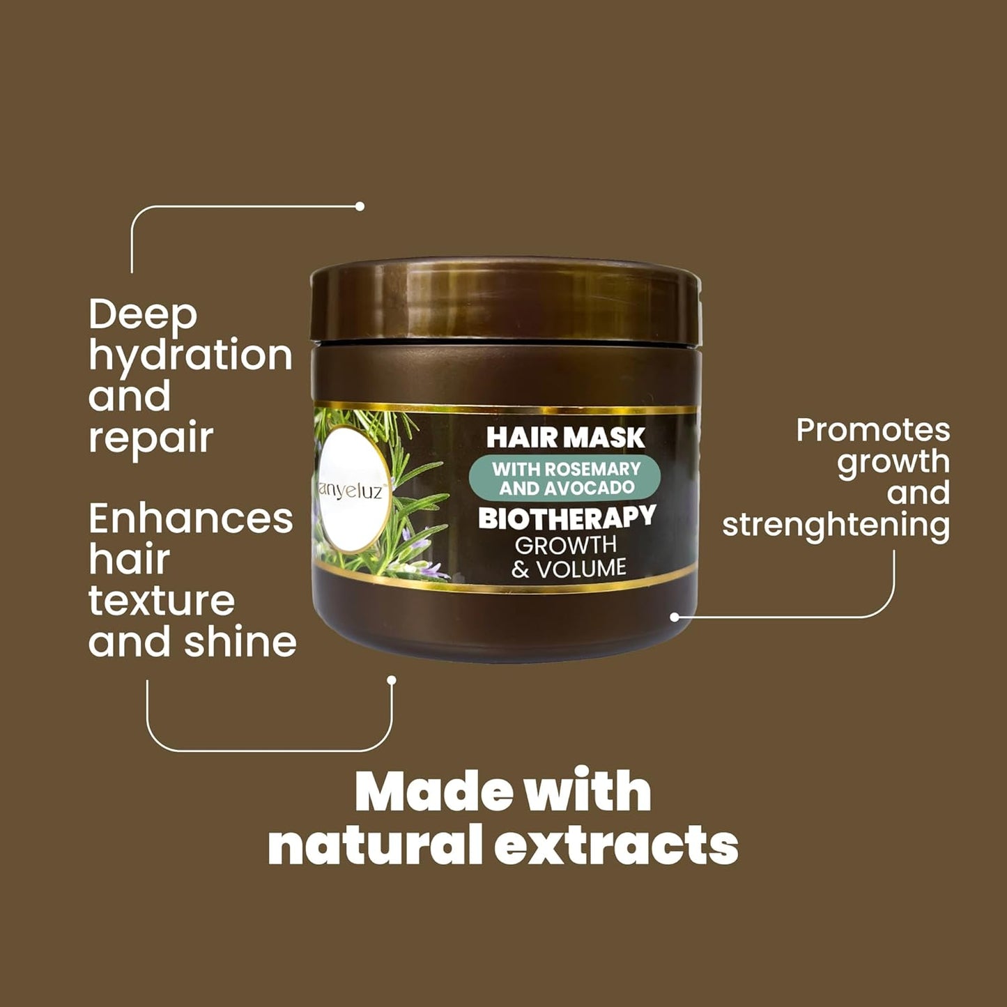 Anyeluz Hair Mask – Rosemary and Avocado Extracts, Intensive Hydration and Strengthening, Damage Repair Boost