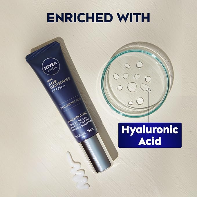 NIVEA Men Age Defense Eye Cream with Hyaluronic Acid, Skin Care Gifts for Dad, 24-Hour Hydrating Under Eye Cream for Men Helps Reduce Look of Crow's Feet, Fine Lines and Dark Circles, 0.5 Fl Oz Tube