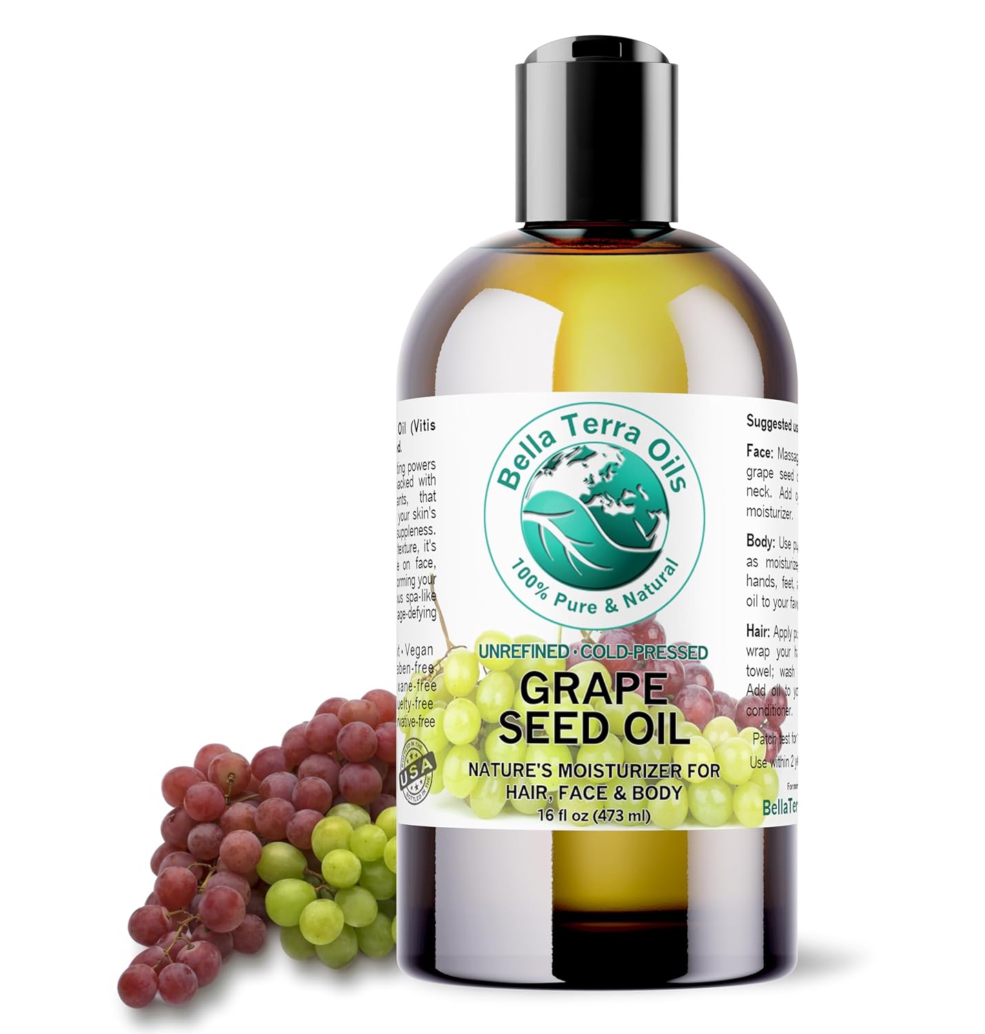 Bella Terra Oils - Organic Grape Seed Oil 16 oz - Celebrate the Essence of Cold-Pressed Organic Grapes, Rich in Vitamin D & Beta-carotene, The Ultimate Skin Nourishing Experience