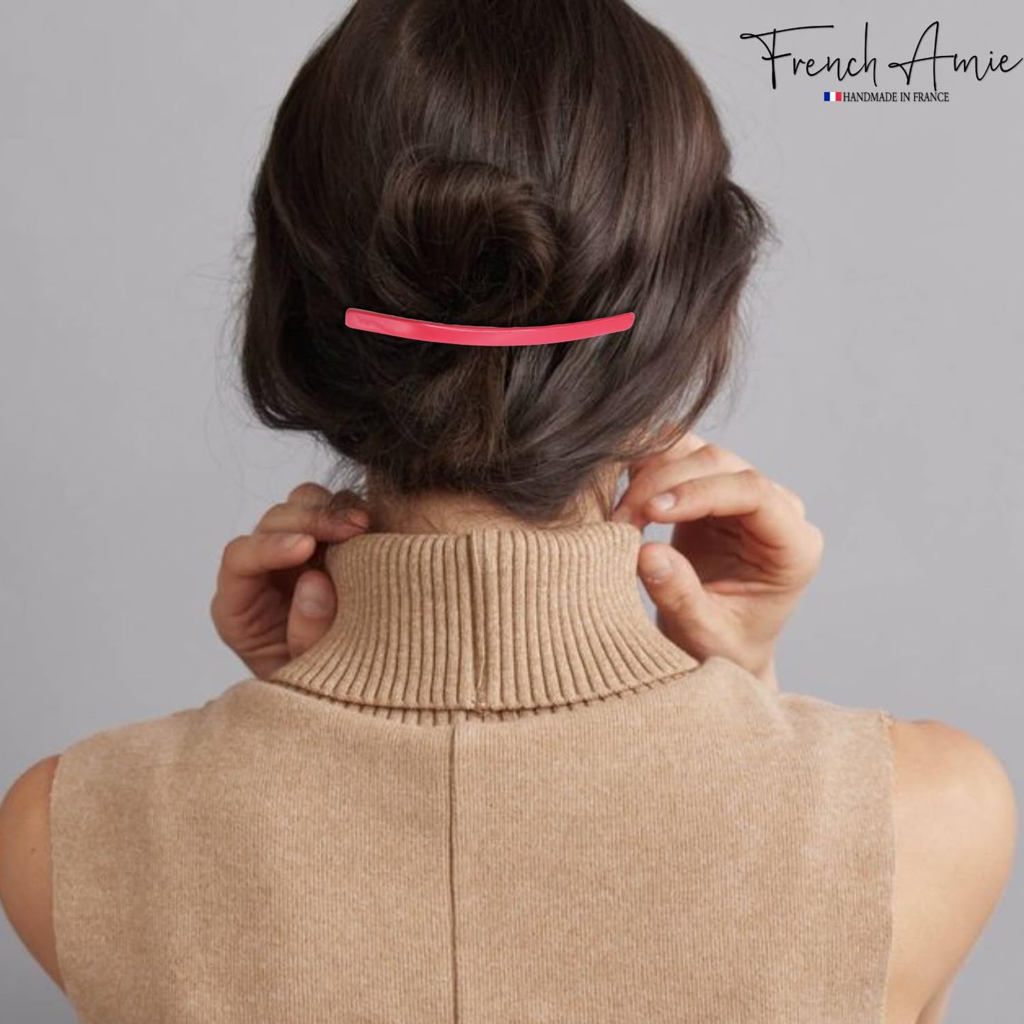 French Amie Long and Thin Rose Pink Large 4” Handmade Celluloid Automatic Sleek Hair Clip Barrette for Women and Girls (Rose Pink)