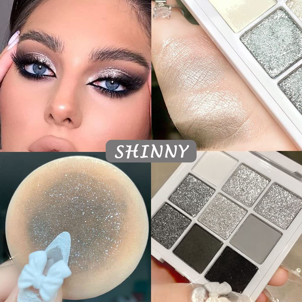 evpct 9 Colors Silver Gray Glitter Eyeshadow Palette, Black Smokey Grey and Silver White Sparkle Glitter Shimmer Shiny Eye Shadow Palette Makeup for older Women, High Pigment Eyeshadow Sombra de ojos