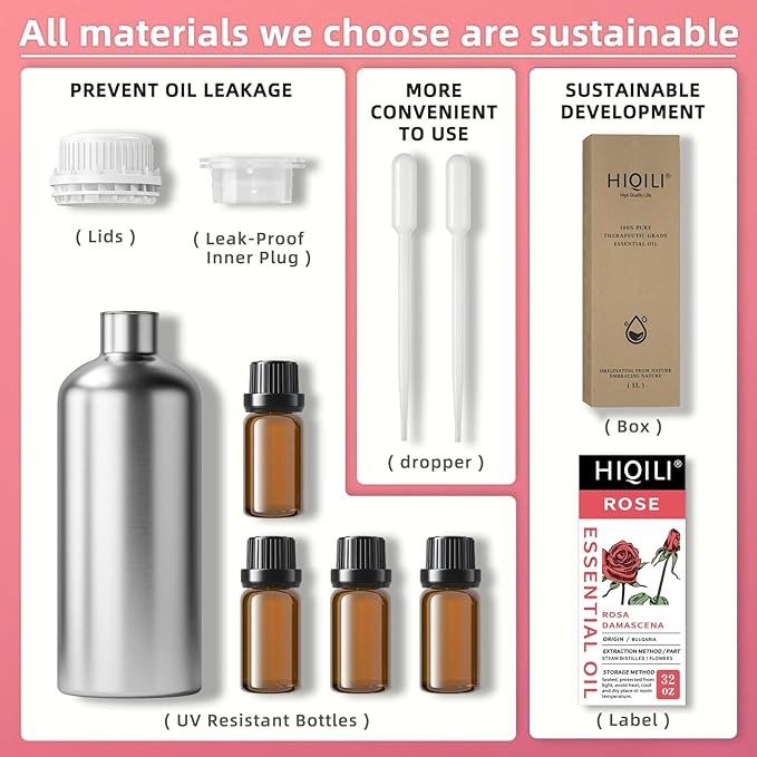 HIQILI 32 Fl Oz Rose Essential Oil, Huge Value Size Undiluted Rose Oil for Face, Skin, Diffuser, Hair