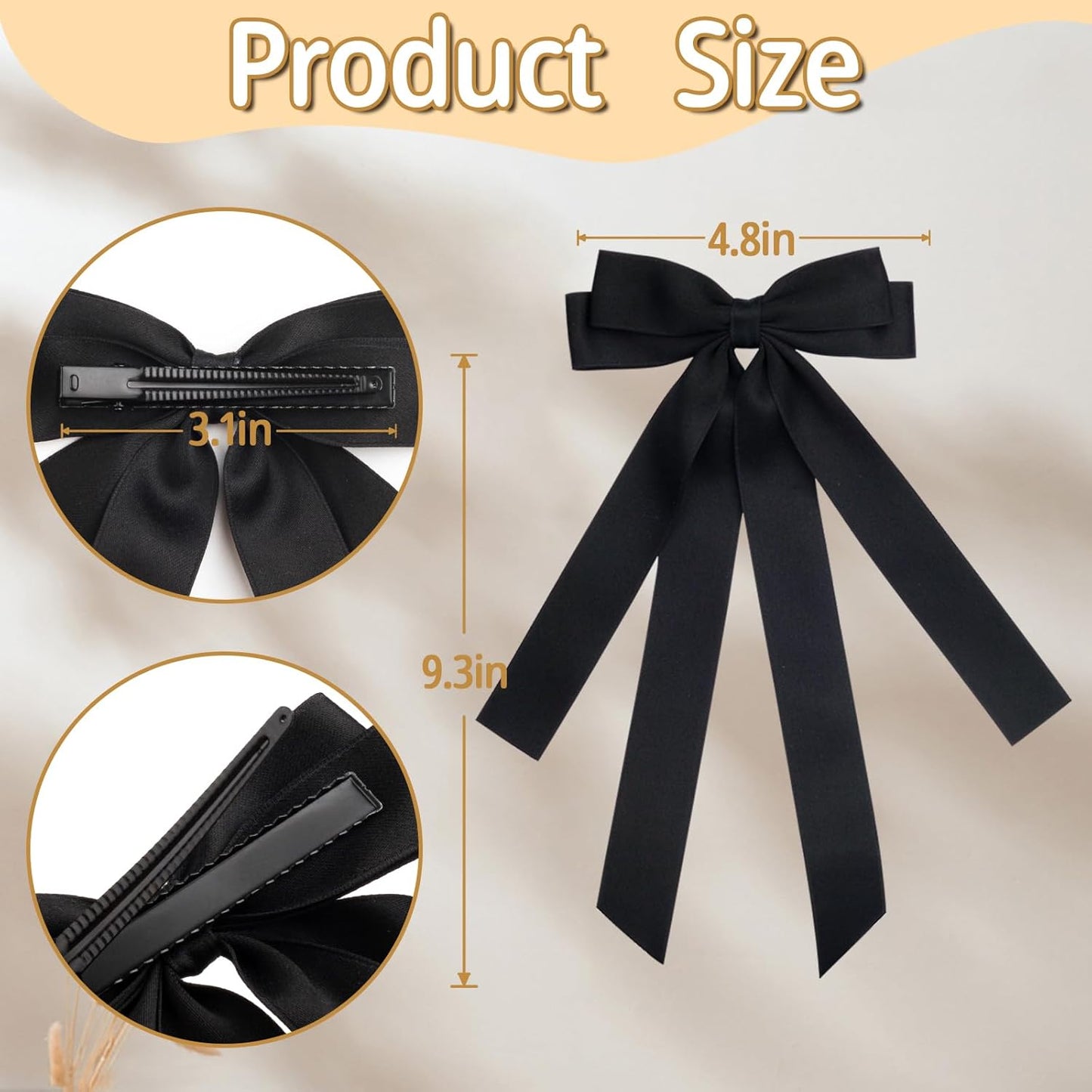 Bow Hair Clips 2PCS Set for Women and Girls - Black White Ribbon Bows for Hair, with Long Tail, Alligator Clip (Black)