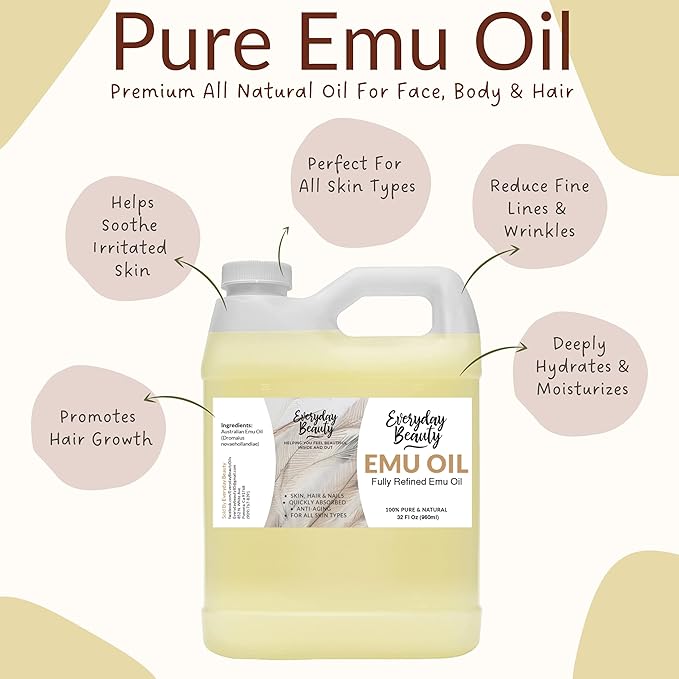 Pure Australian Emu Oil Bulk 32 Fl Oz - All Natural 6X Refined for Face, Skin and Hair - Highly Effective Hydration for Sensitive Skin and Hair Growth - Perfect for Scars and Blemishes