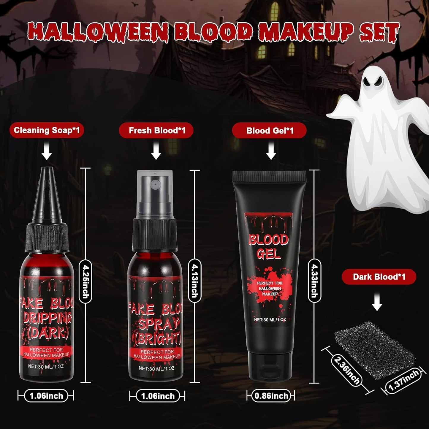 Halloween Fake Blood Makeup Kit - Includes Realistic Coagulated Blood Gel, Fake Blood Spray, Dripping Blood, Stage Blood, for Zombie Vampire Cosplay Party Mouth Clothes