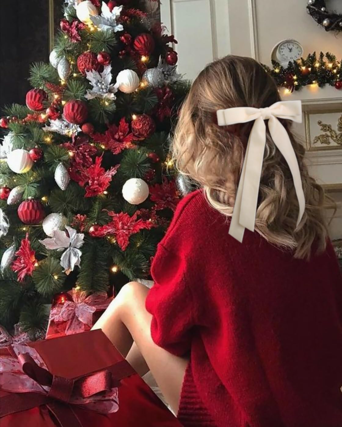 Velvet Hair Bows for Women Girls, Holiday Velvet Ribbon Bows for Hair Holiday Gifts, Black Cream White