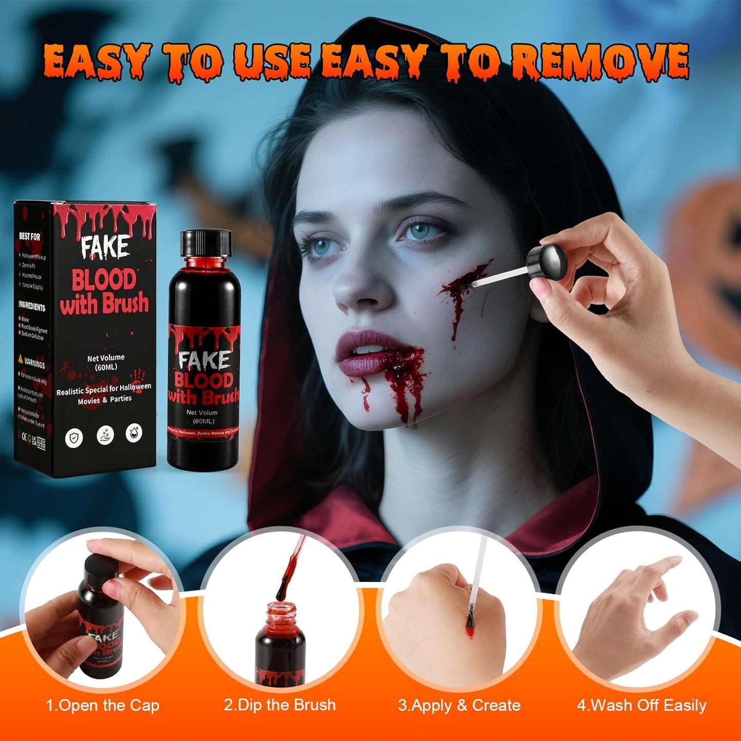 Halloween Fake Blood with Brush Cap – 60ML Dark Blood Coagulated Look for Realistic SFX Makeup, Vampire Zombie Wound Effects, Fake Blood Makeup for Clothes, Face, Cosplay, Theater,Party