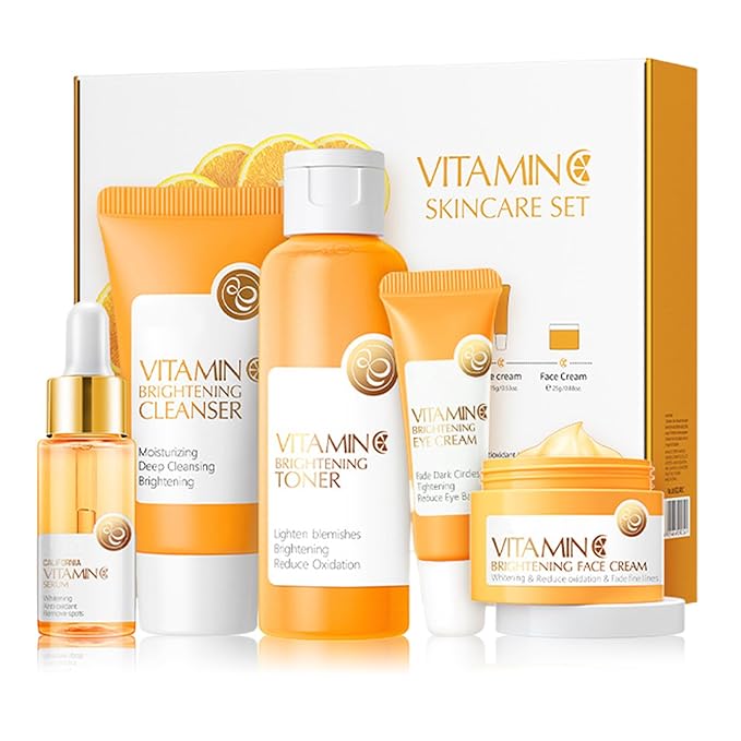 Vitamin C Skincare Set for Teenage Girls 5 In 1 Hydration Facial Skincare Gift Set with Cleanser,Toner,Face Serum,Eye Cream,Face Cream,Travel Size Skin Care Products Set for Women