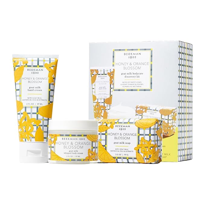 Beekman 1802 Honey & Orange Blossom Bodycare Minis Discovery Kit - Set of 3 - Scented - Cleanses, Moisturizes & Hydrates - With Lactic Acid & Shea Butter - Good for Sensitive Skin - Cruelty Free