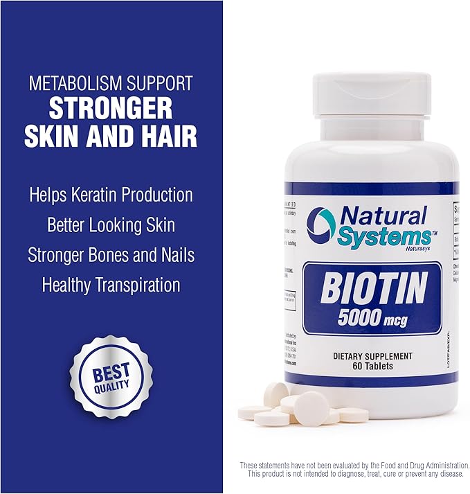 Biotin 60 Tablets 5000 mcg by Natural Systems | Biotin Hair Growth Support Pills | Hair Skin Nails Vitamins for Men and Women | Biotin Supplement Improves Cell Growth