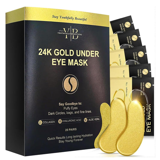 24K Gold Under Eye Patches (20 Pairs) Anti-Wrinkle Hydrogel Eye Mask with Collagen & Hyaluronic Acid -Reduces Dark Circles, Puffiness & Fine Lines - Eye Treatment for Men & Women