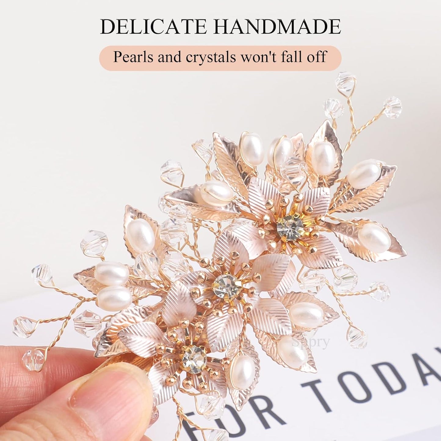 Wedding Hair Clips Set of 3 PCS - Floral Rhinestone Pearl Hair Accessories for Bridal Women (Gold)