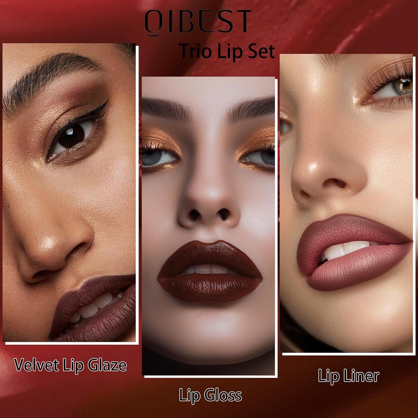 QiBest 3-in-1 Dark Red Lipstick Set for Women & Teen Girls, Matte Liquid Lipstick + Lip Gloss + Gel Lip Liner Pencil Trio Lip Gift Kit for 24 Hours Long Lasting & Waterproof Lip Makeup (Hot Chocolate)