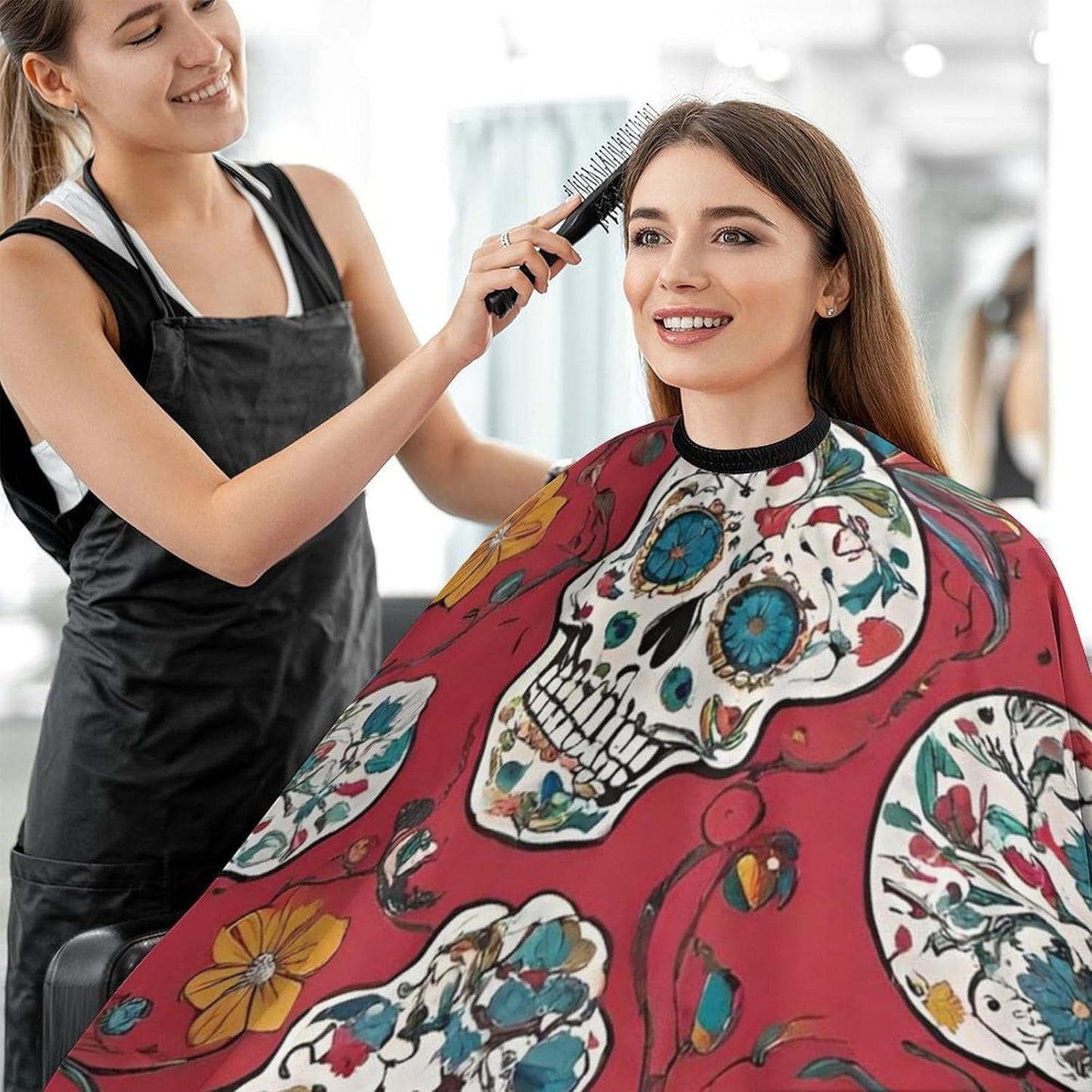 Professional Hair Cutting Salon Cape 57x67 Inch - Barber Cape for Stylists - Sugar Skull Cross Flower Art Lightweight Hairdresser Gown