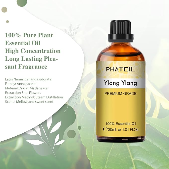 Ylang Ylang Essential Oil 1.01fl.oz/30ml, PHATOIL Premium Ylang Ylang Oils Long Lasting Scents for Aromatherapy, Diffuser, DIY Soap and Candle Making