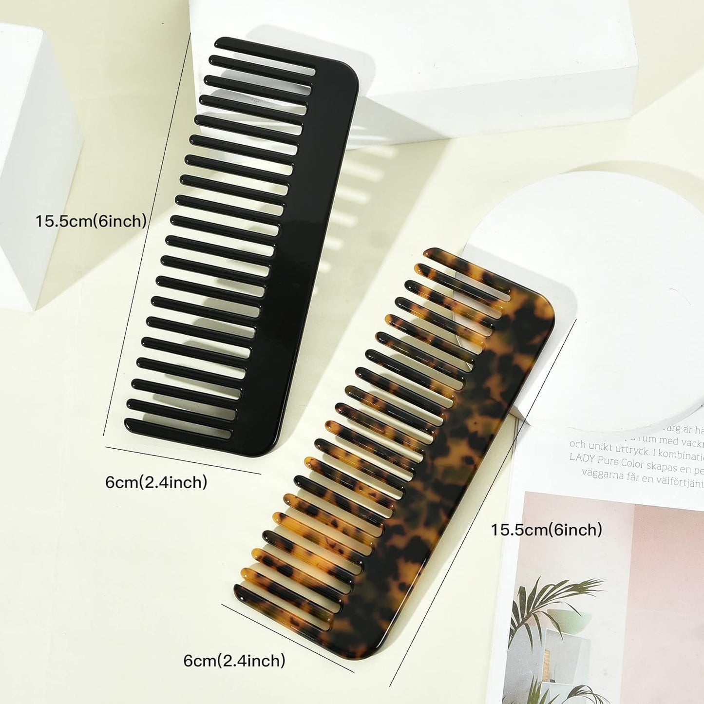 Fsmiling Wide Tooth Comb Large Detangling Comb Cellulose Detangler Comb for Thick Curly Wavy Wet Dry Hair 2 Pack,Black/Tortoise