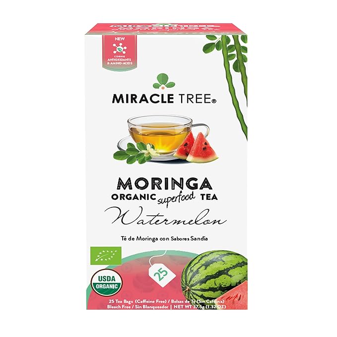 Miracle Tree - Organic Moringa Superfood Tea, 25 Individually Sealed Tea Bags, Watermelon (Keto, Detox, Energy & Immunity Booster, Vegan, Gluten-Free, Organic, Non-GMO, Caffeine-Free)