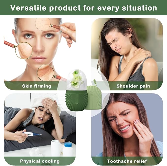 KOGITI Face Ice Roller & Mold - Beauty Facial Massage Tool for Puffiness Relief, Ice Cube Holder (Shell-Green)