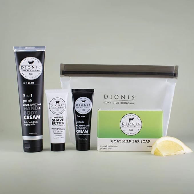 Dionis Goat Milk Skincare 5 Piece Goat Milk Travel Set for Men - Hydrating Bar Soap, Shave Butter, Hand & Body Cream - Verbena & Cream Scent, On-the-Go Grooming Essentials