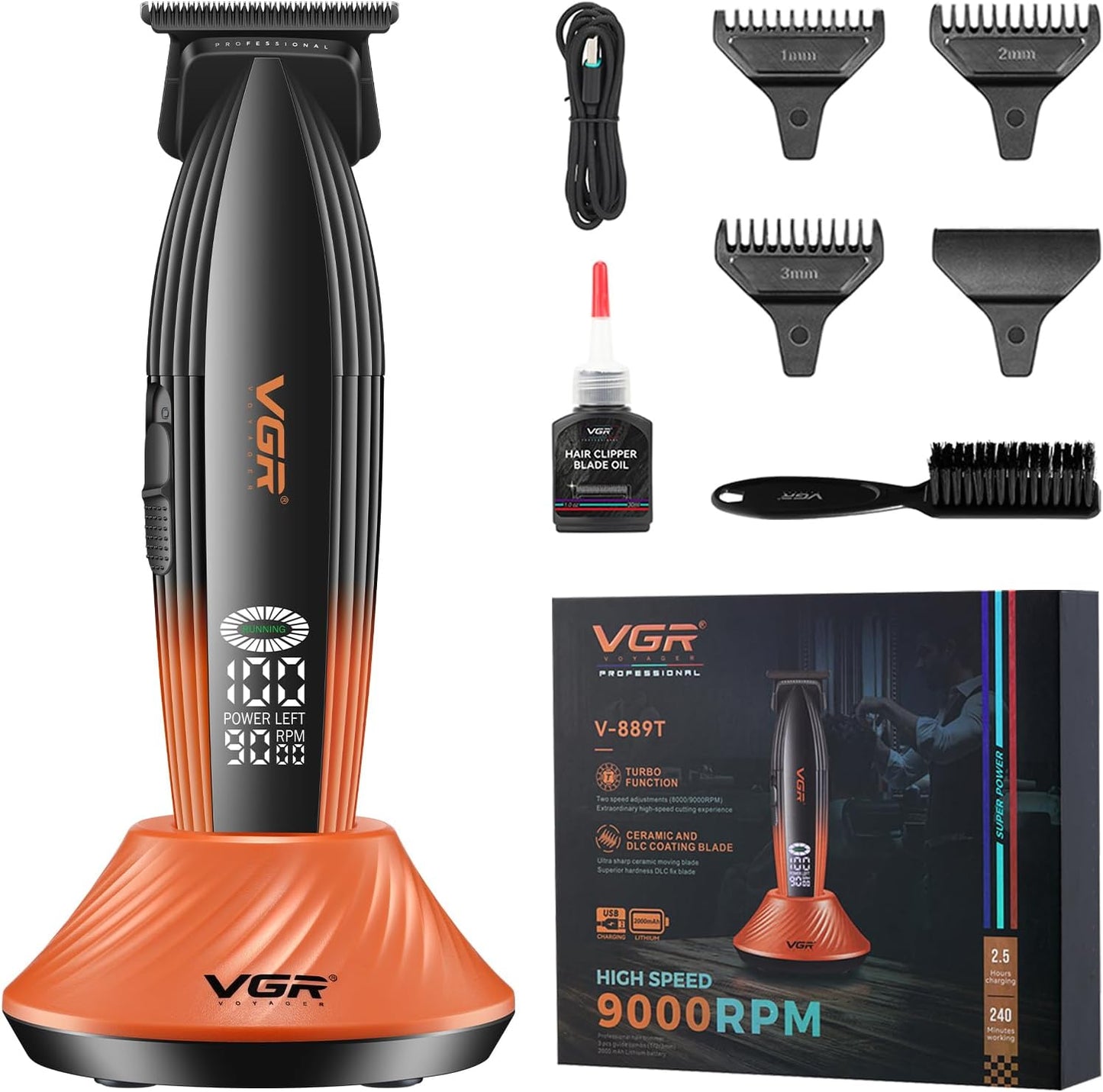 VGR 889T Professional Hair Trimmer for Men, 9000RPM High Speed Cordless Hair Clippers Beard Trimmer with Ceramic & DLC T Blade, Zero Gapped Barber Clippers with USB Charging Base, LED Display