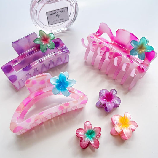 Hair Claw Clips for Women Girls,3PCS Big Claw Clips for Thick Thin Hair Claws,6PCS Small Hawaiian Flower Hair Clups,Cute Womens Hair Accessories,Summer Beach Vacation Essentials (lively)