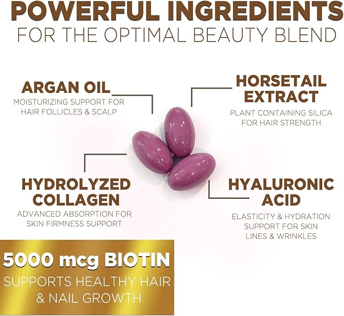 Hair Vitamins Women, Ultra Strength 5000mcg Biotin, Collagen, PABA & More - Womens Hair Growth, Skin, Nails & Keratin Support Supplement, Infused w/ Argan Oil & Hyaluronic Acid, Non-GMO - 120 Softgels