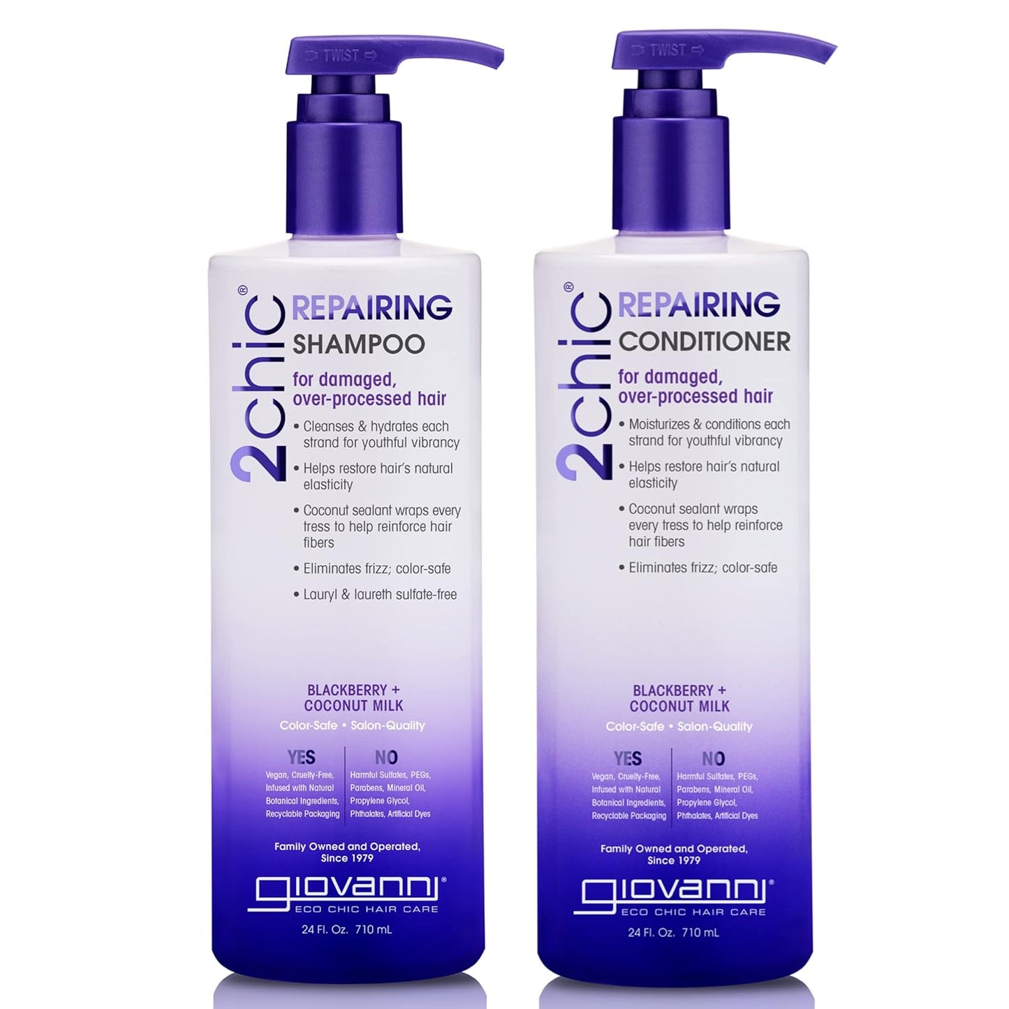 GIOVANNI 2chic Ultra-Repairing Shampoo & Conditioner Set - For Damaged, Over-Processed Hair, Helps Restore Hair's Natural Elasticity, Blackberry & Coconut Oil, Shea Butter, Color Safe - 24 oz. Each