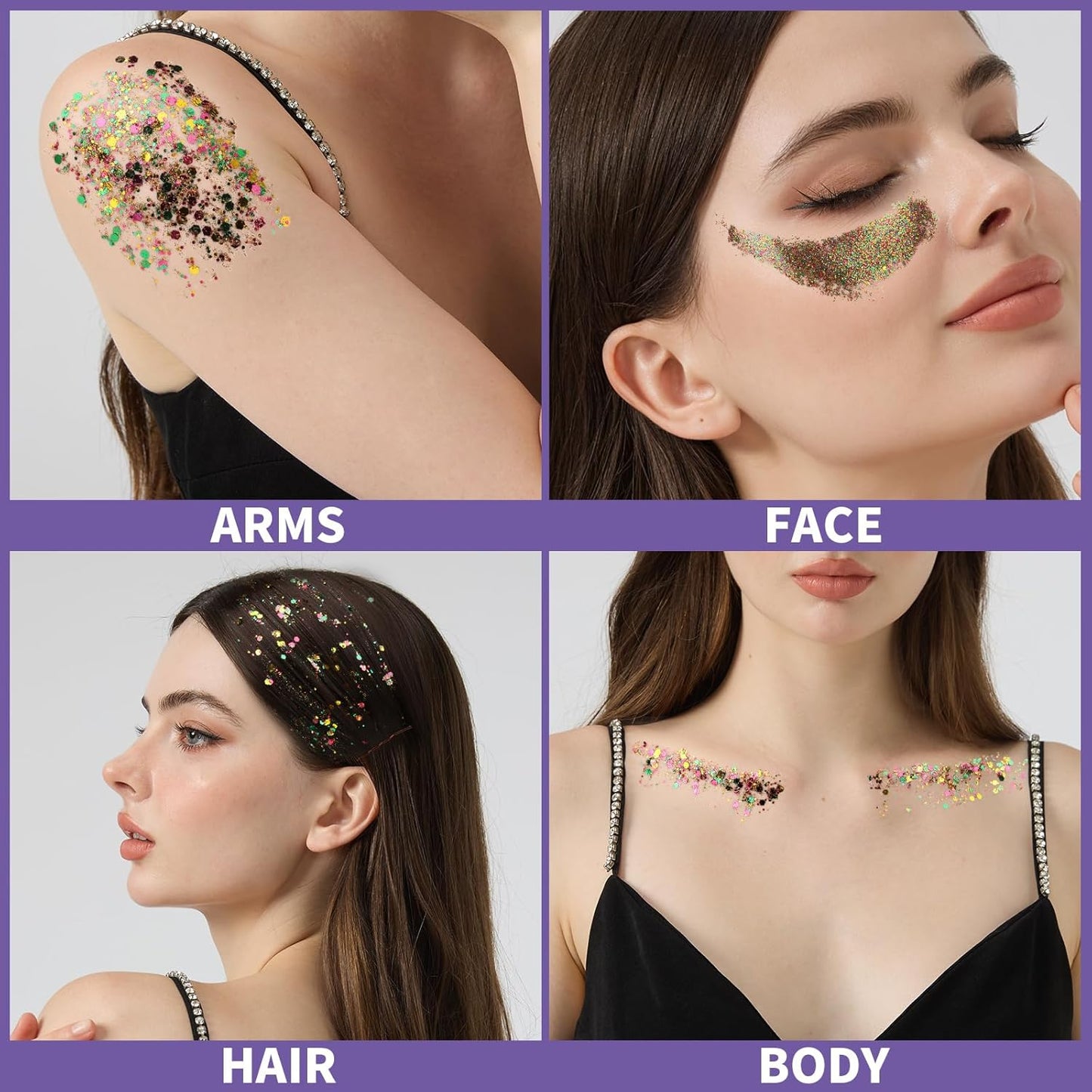 Teenitor Body Glitter Face Glitter for Halloween Makeup, Gold Purple Green Mixed Festival Glitter, Hair Glitter Gel for Halloween Rave Festival, Mardi Gras Glitter for Women Kids
