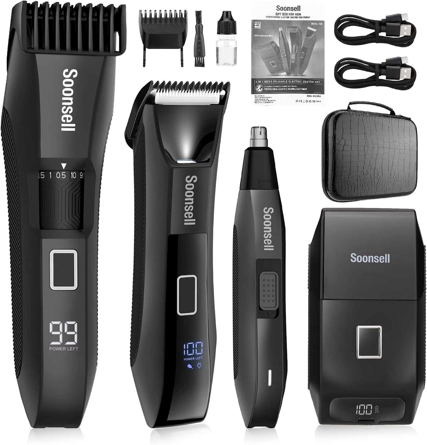 Soonsell Manscape Beard Trimmer for Men,IPX7 Waterproof 4 in 1 Men's Grooming Kit,Ball Shaver,Nose Hair Clippers,Electric Razor,Hair Clippers for Men,LED Display,Wet/Dry Trimmer