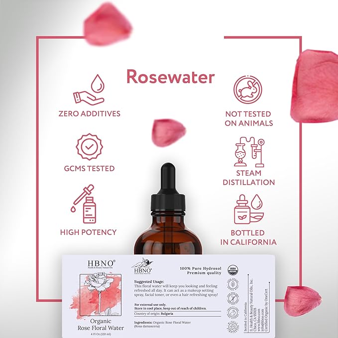 HBNO California Bottled Organic Rose Water for Face 4 fl oz (120ml) - USDA Certified Organic Rose Water Spray for Face - Pure Rose Water for Hair - Rosewater Face Mist, Rose Water Spray for Cleansing