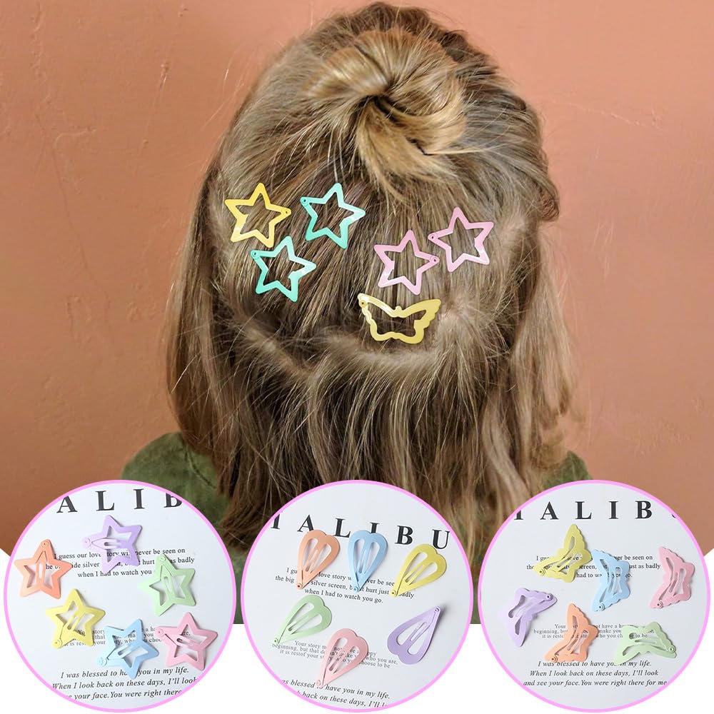 120Pcs Hair Clips for Girls,Non Slip Metal Snap Hair Clips for Kids Star & Butterfly hair accessories (4 Styles and 15 Assorted Colors)