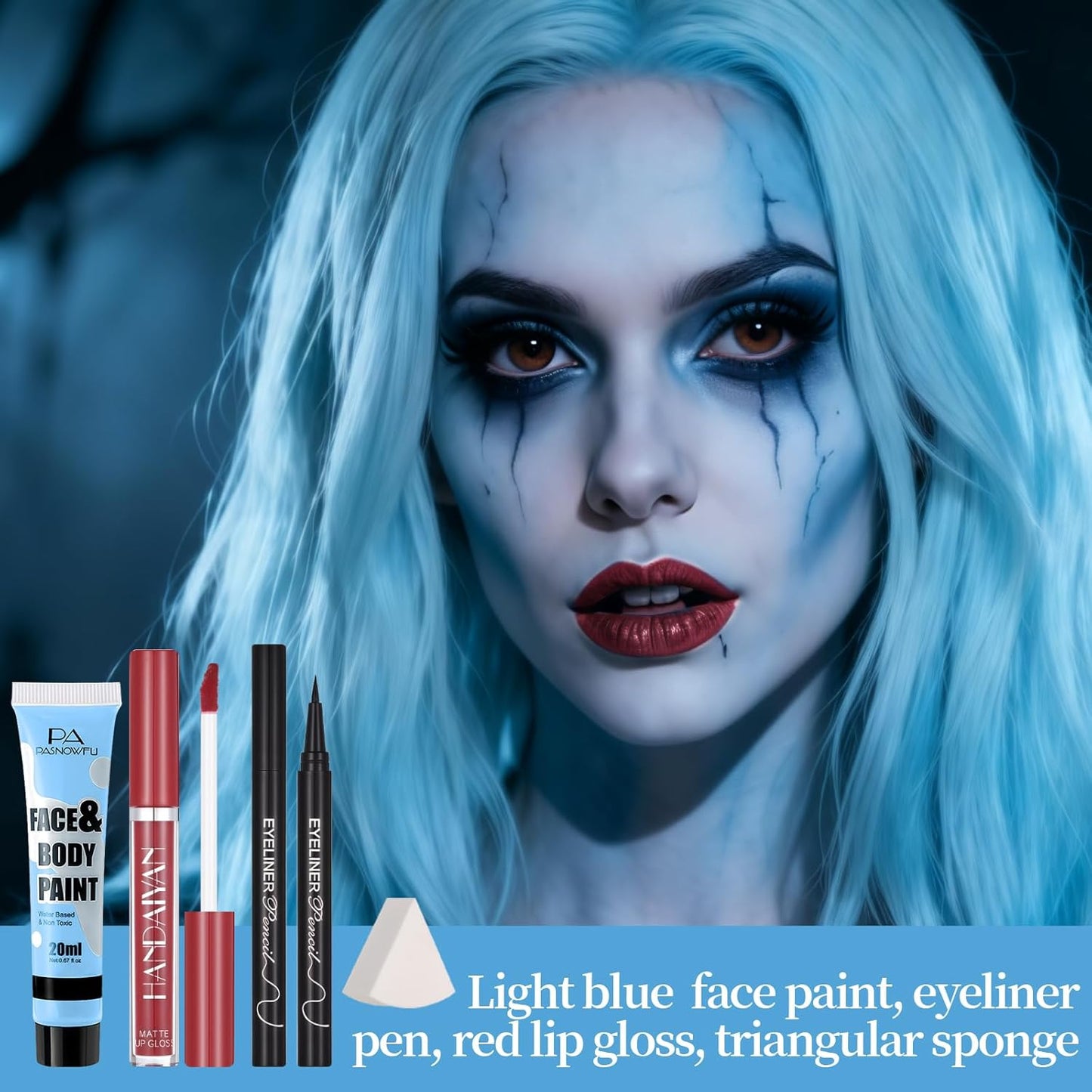 Halloween Makeup Kit for Sally and Corpse Bride Looks, Water-Based Non-Toxic Face Paint Set with Light Blue Face Paint, Red Lip Gloss, Black Eyeliner for Halloween Cosplay, Stage