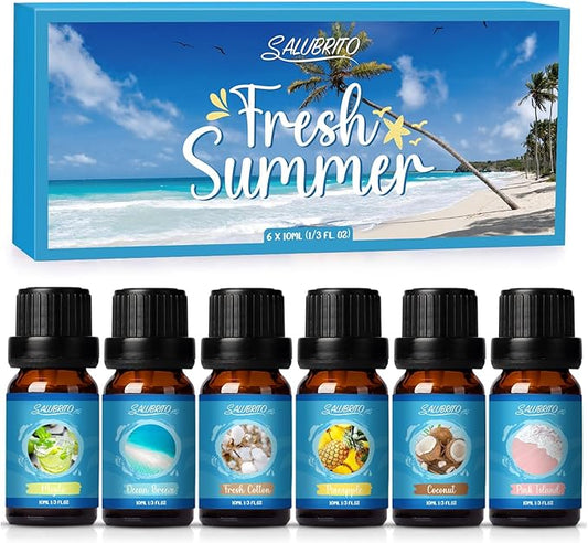 SALUBRITO Summer Fragrance Oils Set, Premium Essential Oils Set for Diffuser, Candle, Soap Making, Fresh Cotton, Coconut, Mojito, Pineapple, Ocean Breeze, Pink Island, Strong Scented Oils