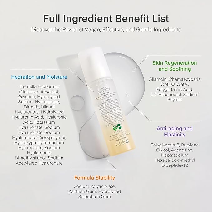 Hydrating Serum for Face Amore Cloud: Korean Advanced Formula Tremella Mushroom and Hyaluronic Acid Essense, Improves Texture, Smoothness, Moisturizing, Firming, Vegan, Better than Snail Mucin, 100ml