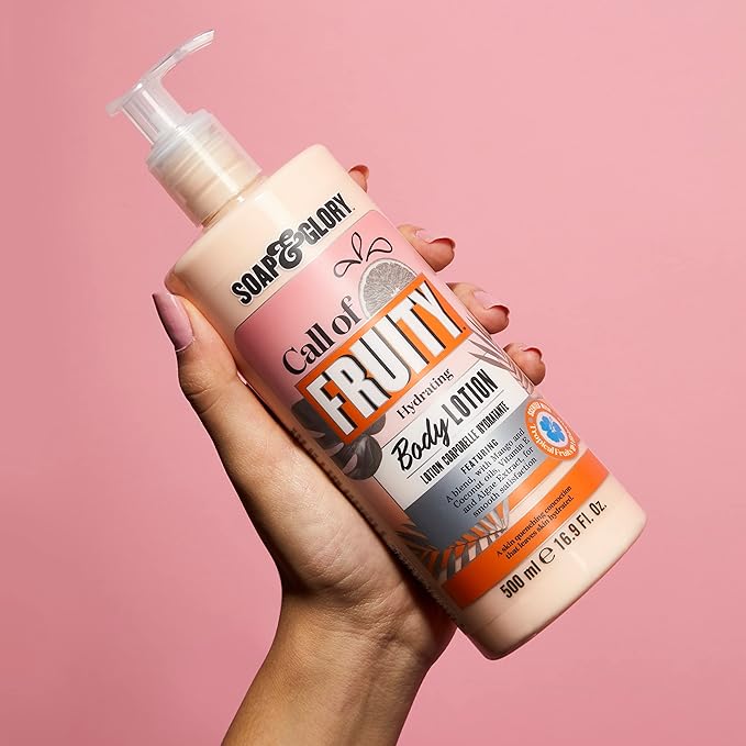 Soap & Glory Call of Fruity Vegan Body Lotion - Moisturizing Body Lotion with Vitamin E, Coconut Oil & Aloe Extracts - Tropical Fruits, Juicy Melon & Hibiscus Cocoa Butter for Dehydrated Skin (500ml)