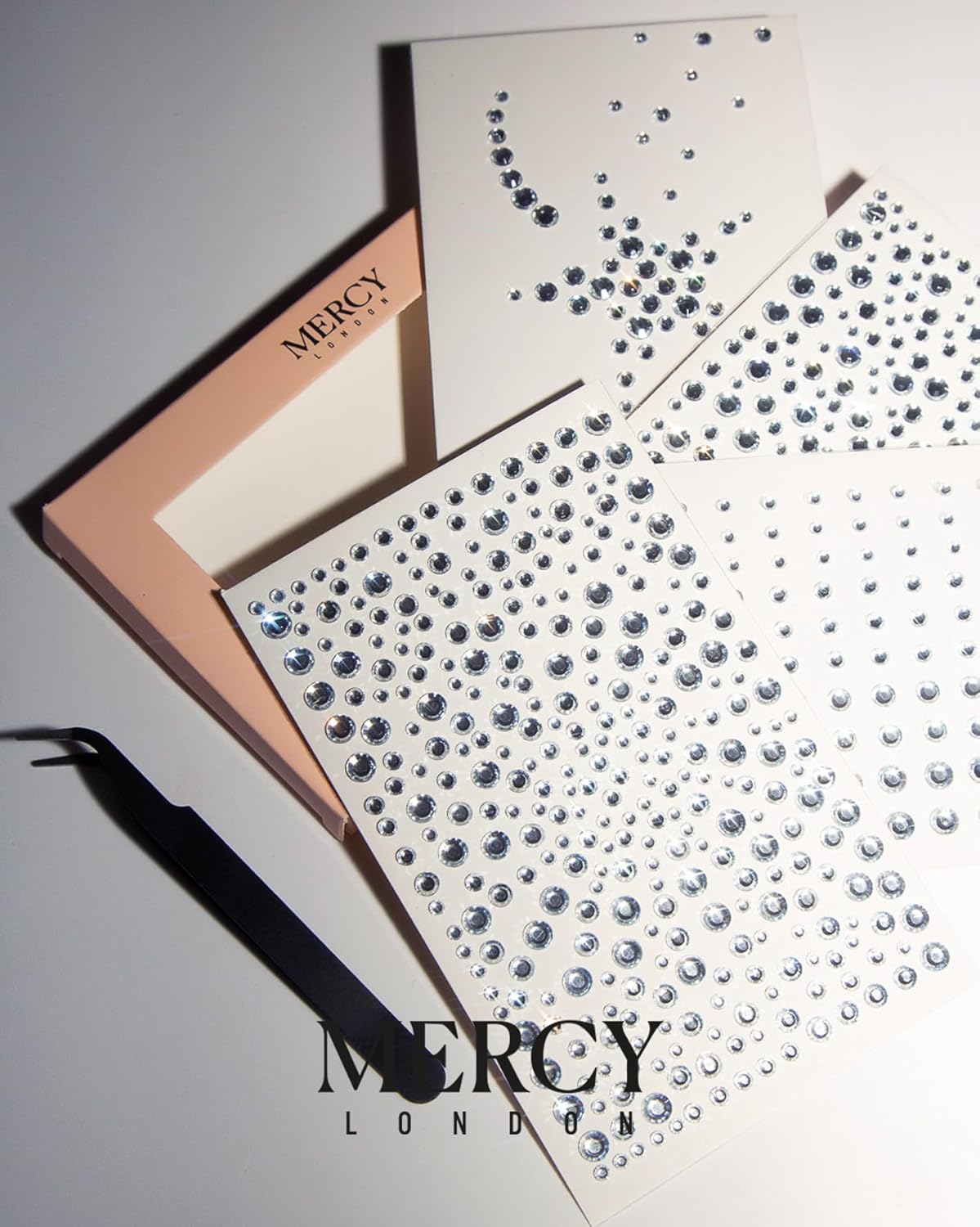 MERCY LONDON Face Gems in Clear, 866 Self Adhesive Makeup Face Gem Stickers, 4 Sheets, Reusable Eye Gems, DIY Face Gems