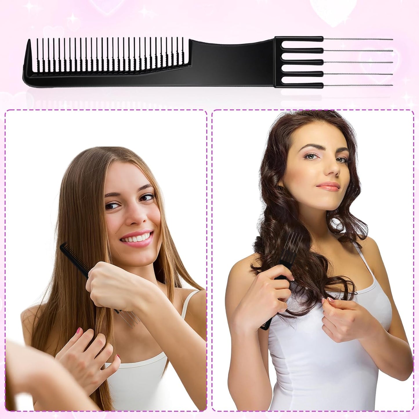 Double-Head Parting Teasing Comb, 6 Pcs Black Metal Prong Pick Combs Parting for Women Picking Comb for Hair Styling Salon Thick Thin Hair